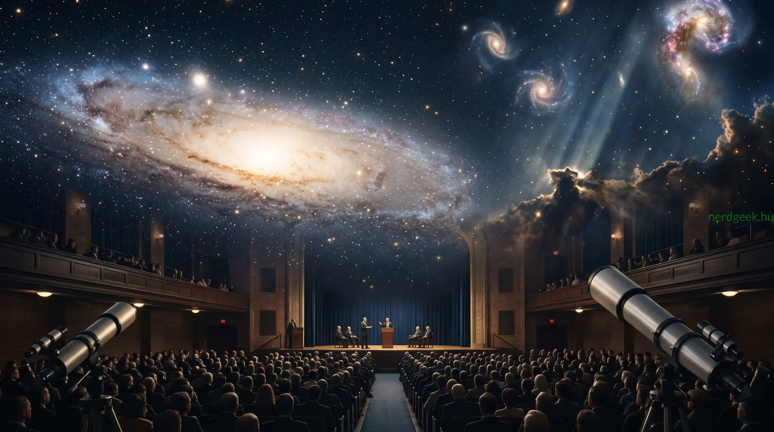 The Great Debate of 1920 in astronomy set against the historic Baird Auditorium in Washington